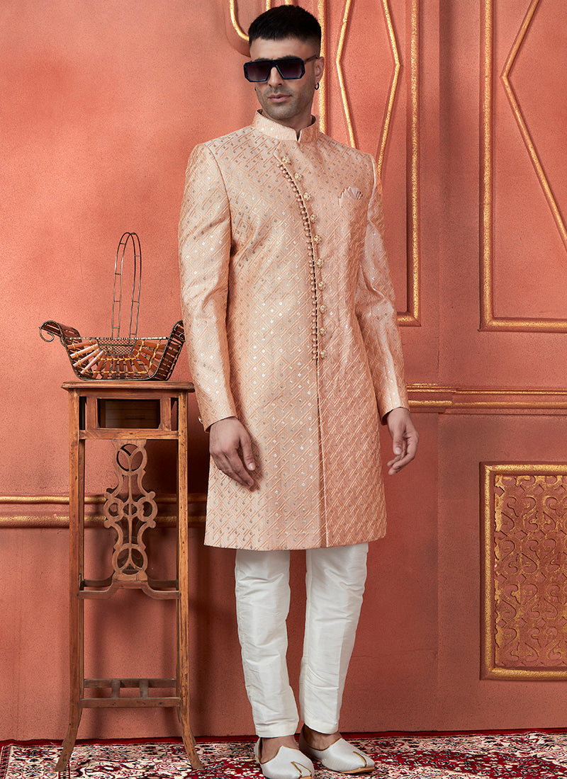 Raivat Ethnic Mens Art Silk Thread Work Indo Western In Peach Colour | Grocsy
