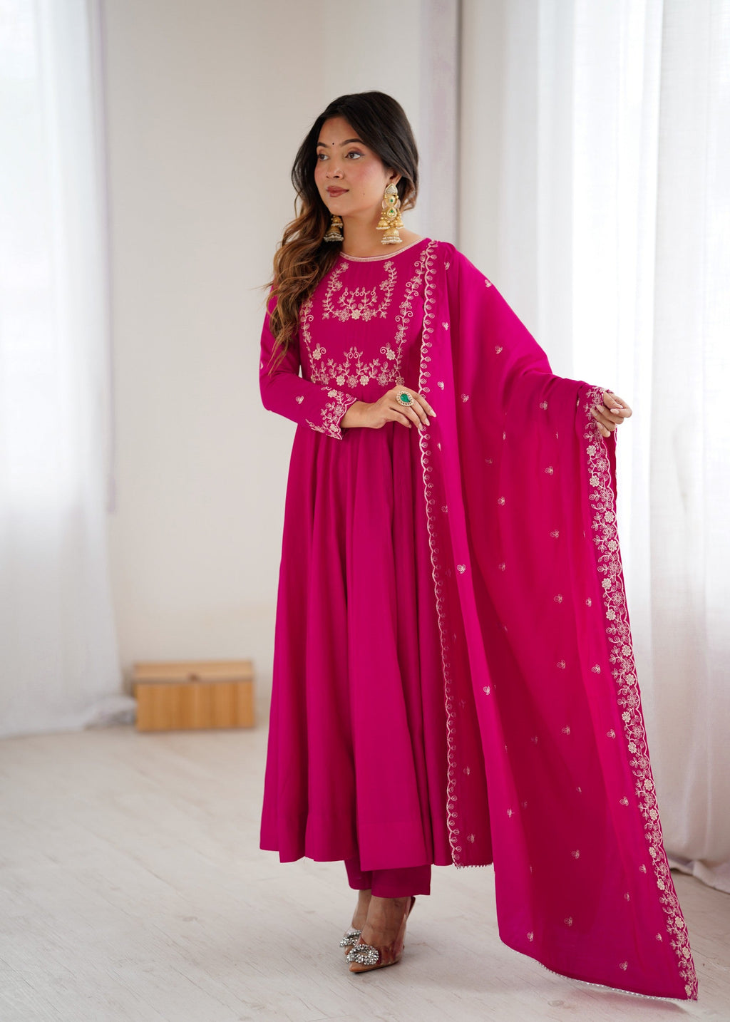 Lorenvalley Fashion Darkpink Pure Roman Chanderi Silk Yoke Fancy Handwork Beads Work Anarkali Gown Pant With Dupatta Set | Grocsy