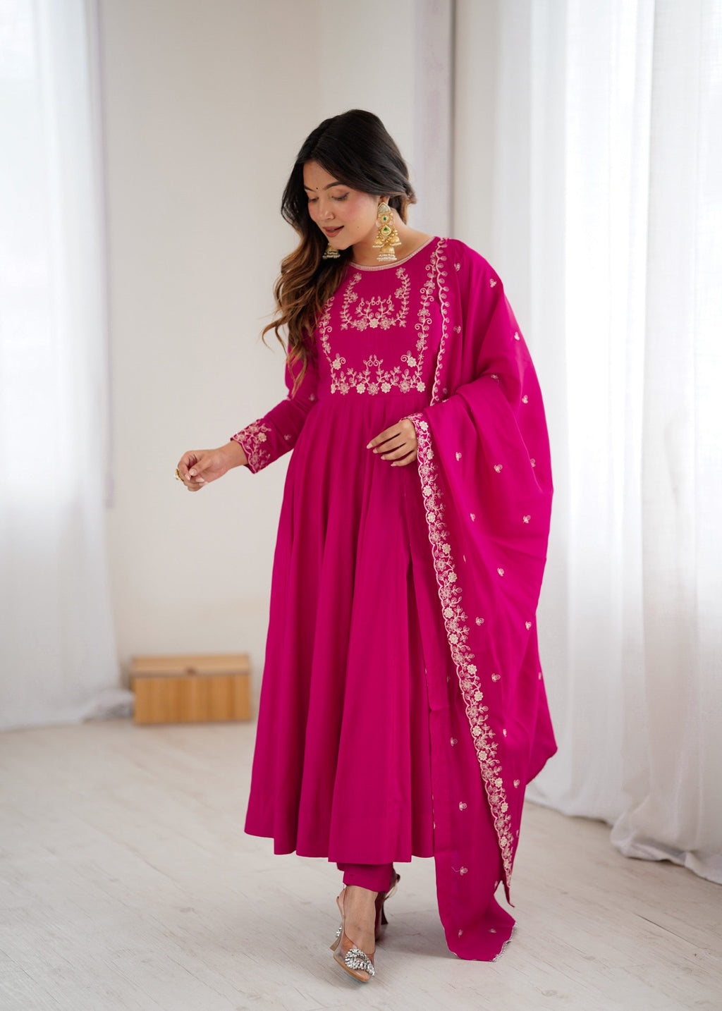 Lorenvalley Fashion Darkpink Pure Roman Chanderi Silk Yoke Fancy Handwork Beads Work Anarkali Gown Pant With Dupatta Set | Grocsy