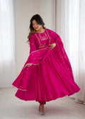 Lorenvalley Fashion Darkpink Pure Roman Chanderi Silk Yoke Fancy Handwork Beads Work Anarkali Gown Pant With Dupatta Set | Grocsy