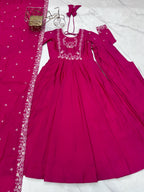 Lorenvalley Fashion Darkpink Pure Roman Chanderi Silk Yoke Fancy Handwork Beads Work Anarkali Gown Pant With Dupatta Set | Grocsy