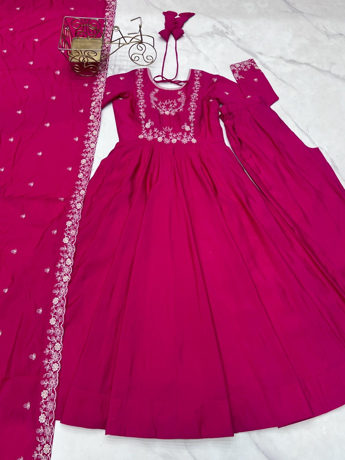 Lorenvalley Fashion Darkpink Pure Roman Chanderi Silk Yoke Fancy Handwork Beads Work Anarkali Gown Pant With Dupatta Set | Grocsy