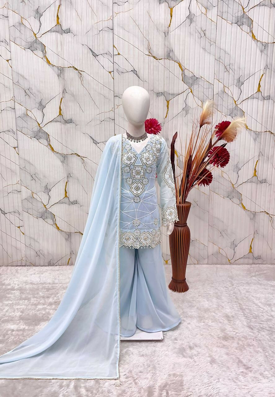 Teeya Creation New Kids Latest Trendy Kurta Palazzo Set-Blue | Grocsy