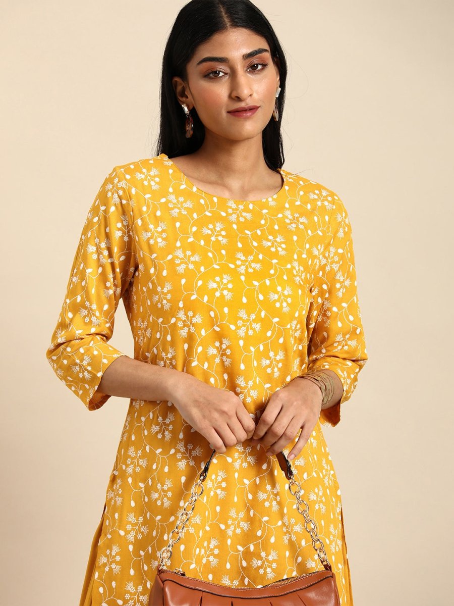 All About You Women Yellow Floral Printed Pure Cotton Kurta with Palazzos | Grocsy