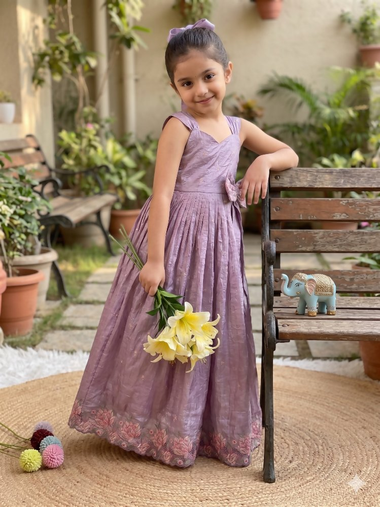 Teeya Creation New Trendy Girls Elegant White Crinkled Ethnic Gown with Pink Lotus Border and Stylish Waist Bow | Grocsy
