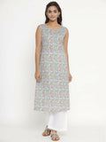 Miravan Women's Pure Cotton Floral Printed Sleeveless Straight Kurta | Grocsy