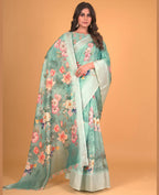 Sea Green Cotton Silk Floral Printed Saree With Unstitched Blouse Piece - Akshita | Grocsy