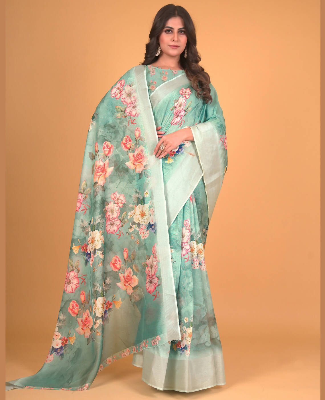 Sea Green Cotton Silk Floral Printed Saree With Unstitched Blouse Piece - Akshita | Grocsy