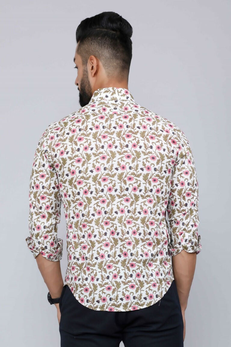 Miravan Men's Cotton Printed Full Sleeve Slim Fit Spread Neck White & Pink Colour Shirt | Grocsy