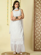 Myshka Women's White Georgette Kurta & Skirt With Dupatta Party Sets | Grocsy