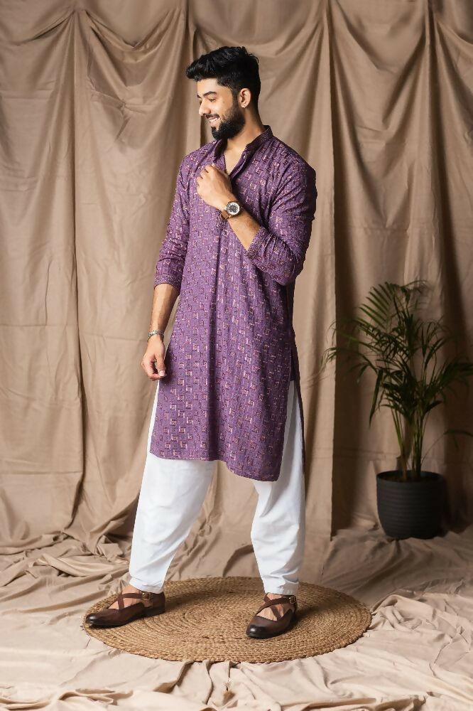 Purple Rayon Thread Embroidery Work Kurta Set - Mahotsav | Grocsy
