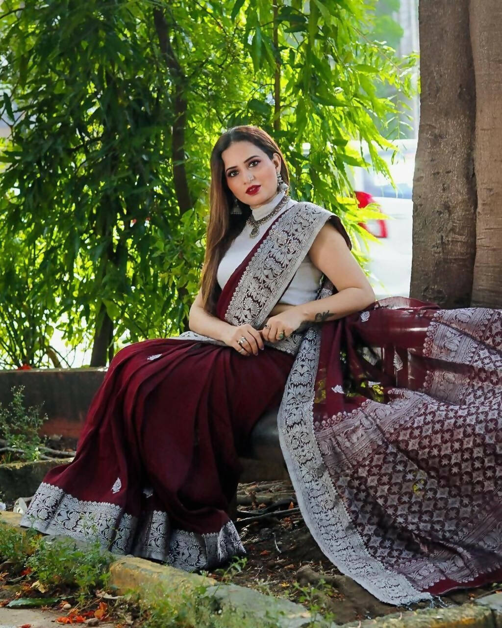 DEIANA'S Beautiful Designer Golden zari Soft Lichi Silk Saree - Wine | Grocsy