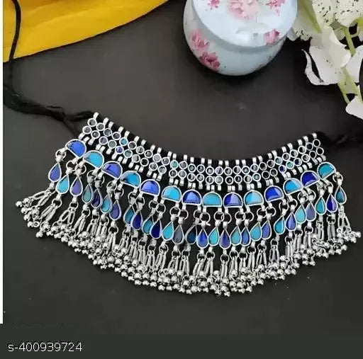Tehzeeb Creations Women's Silver Colour Oxidised Necklace Set With Blue Colour Meenakari Work | Grocsy