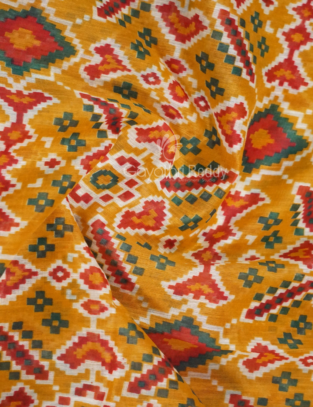 Shades of Mango Yellow Colour Patola Print Semi Chanderi Saree By Gayathri Reddy Designer Studio | Grocsy