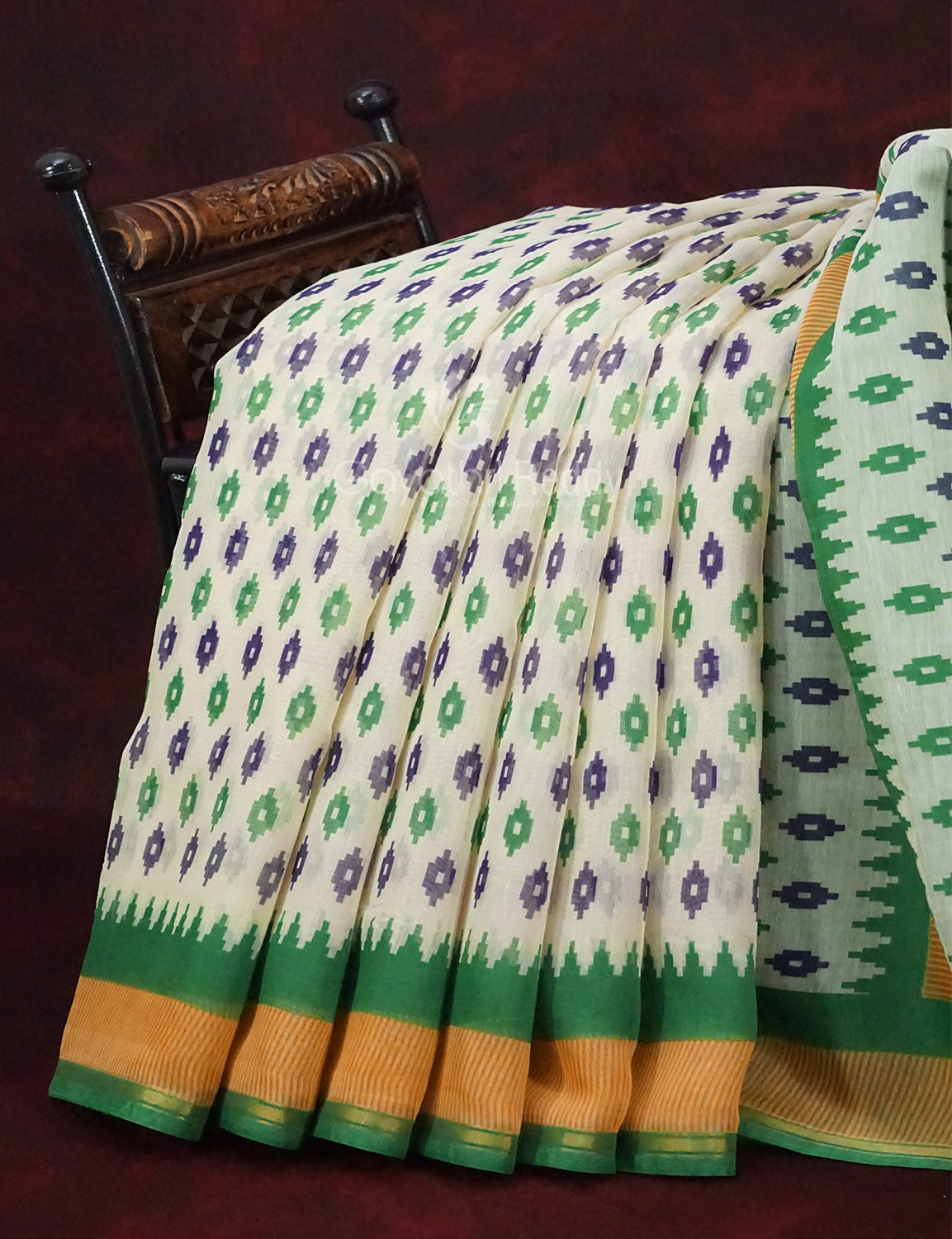 Combo of Off White and Mango Green Patan Patola Semi Chanderi Saree By Gayathri Reddy Designer Studio | Grocsy