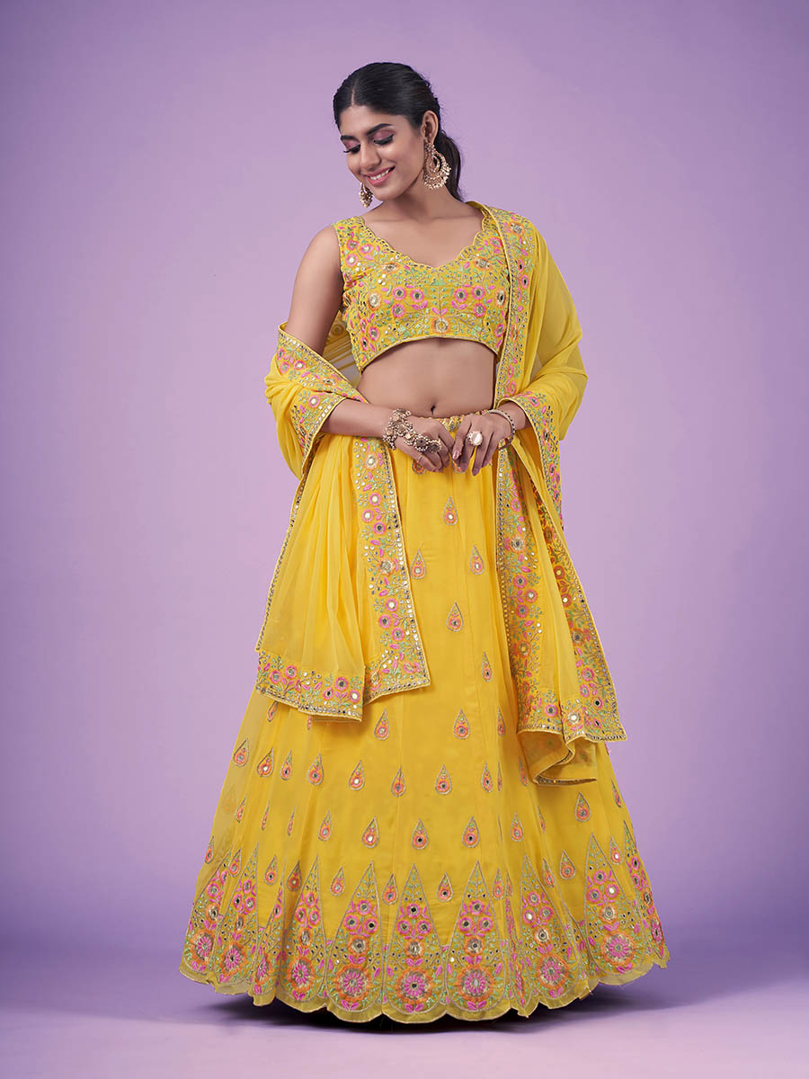 Myra Yellow Georgette Embroidered Designer Lehenga | Grocsy