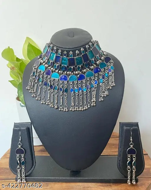 Tehzeeb Creations Women's Silver Colour Oxidised Necklace Set With Blue Colour Meenakari Work | Grocsy
