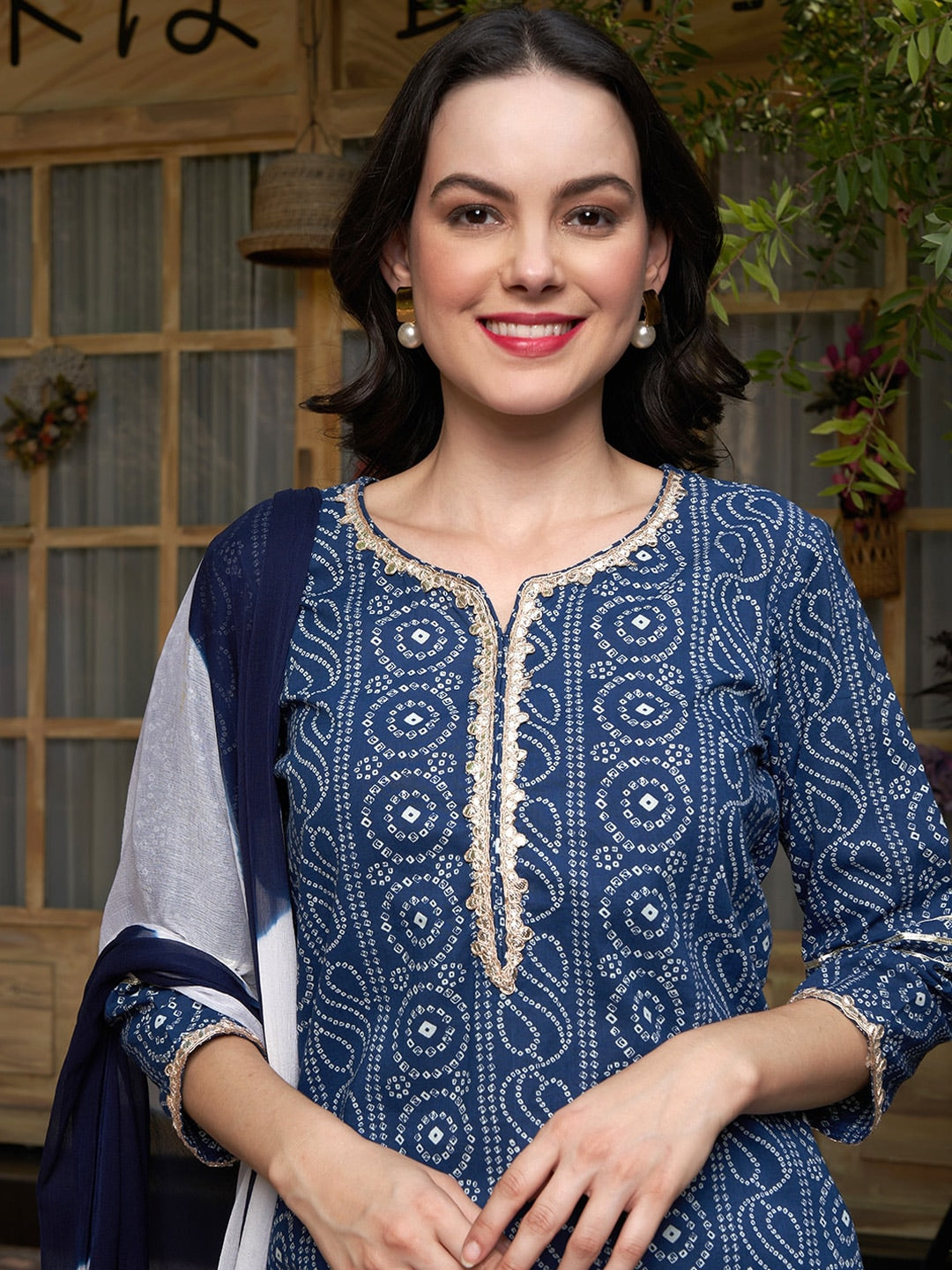 Sangria Printed Gotta Patti Pure Cotton Kurta with Trousers & With Dupatta | Grocsy