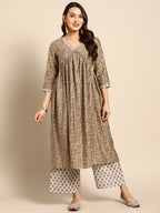 Sangria Women Olive Green Floral Printed Empire Kurta with Trousers | Grocsy