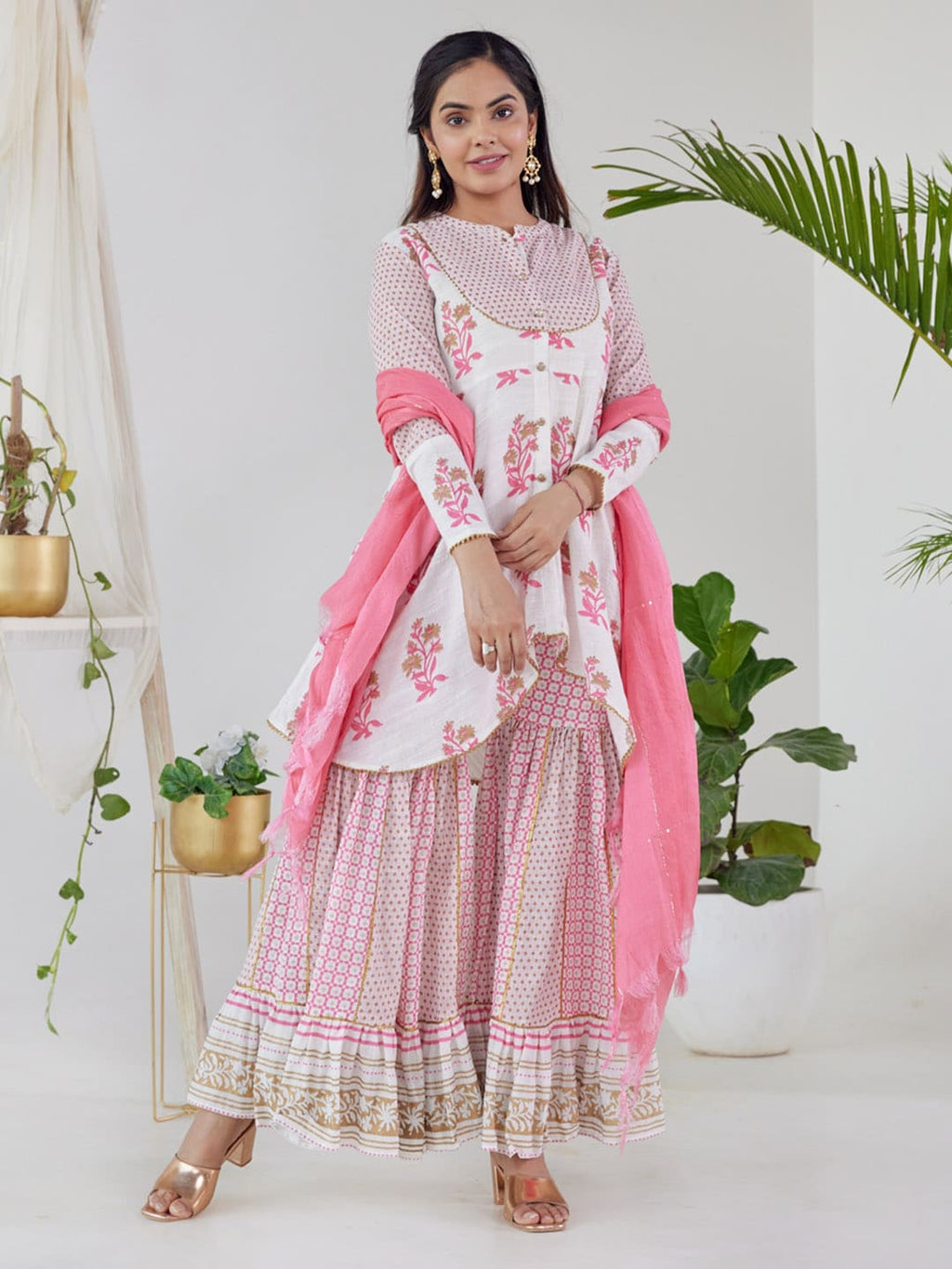 HERE&NOW Women White Floral Printed Kurta with Sharara With Dupatta | Grocsy