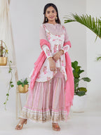 HERE&NOW Women White Floral Printed Kurta with Sharara With Dupatta | Grocsy
