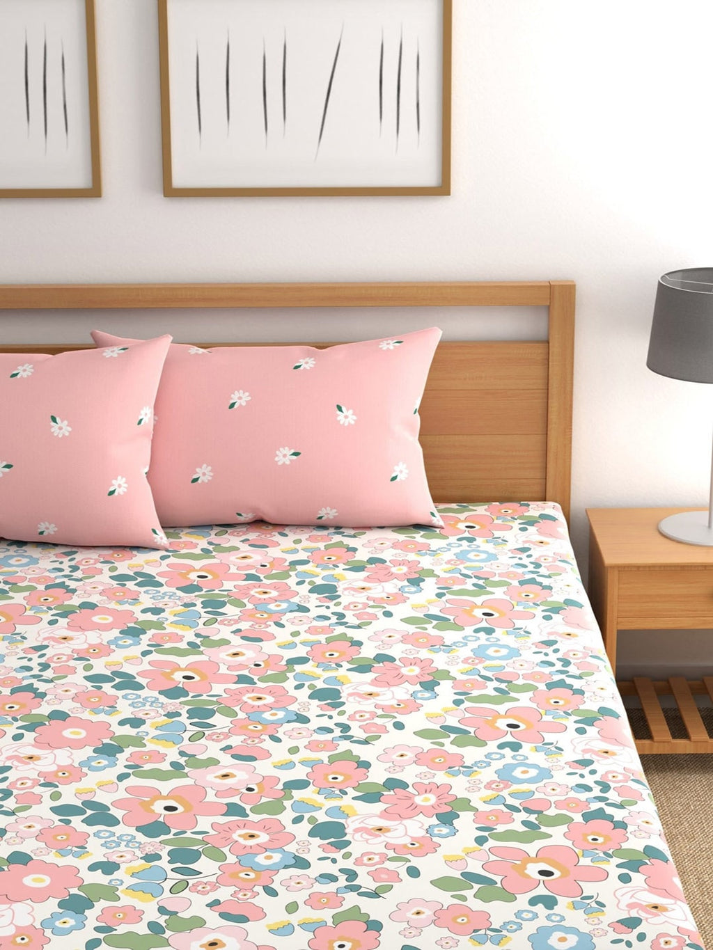 CHHAVI INDIA Pink & Blue Floral 210 TC Bedsheet with Pillow Covers | Grocsy