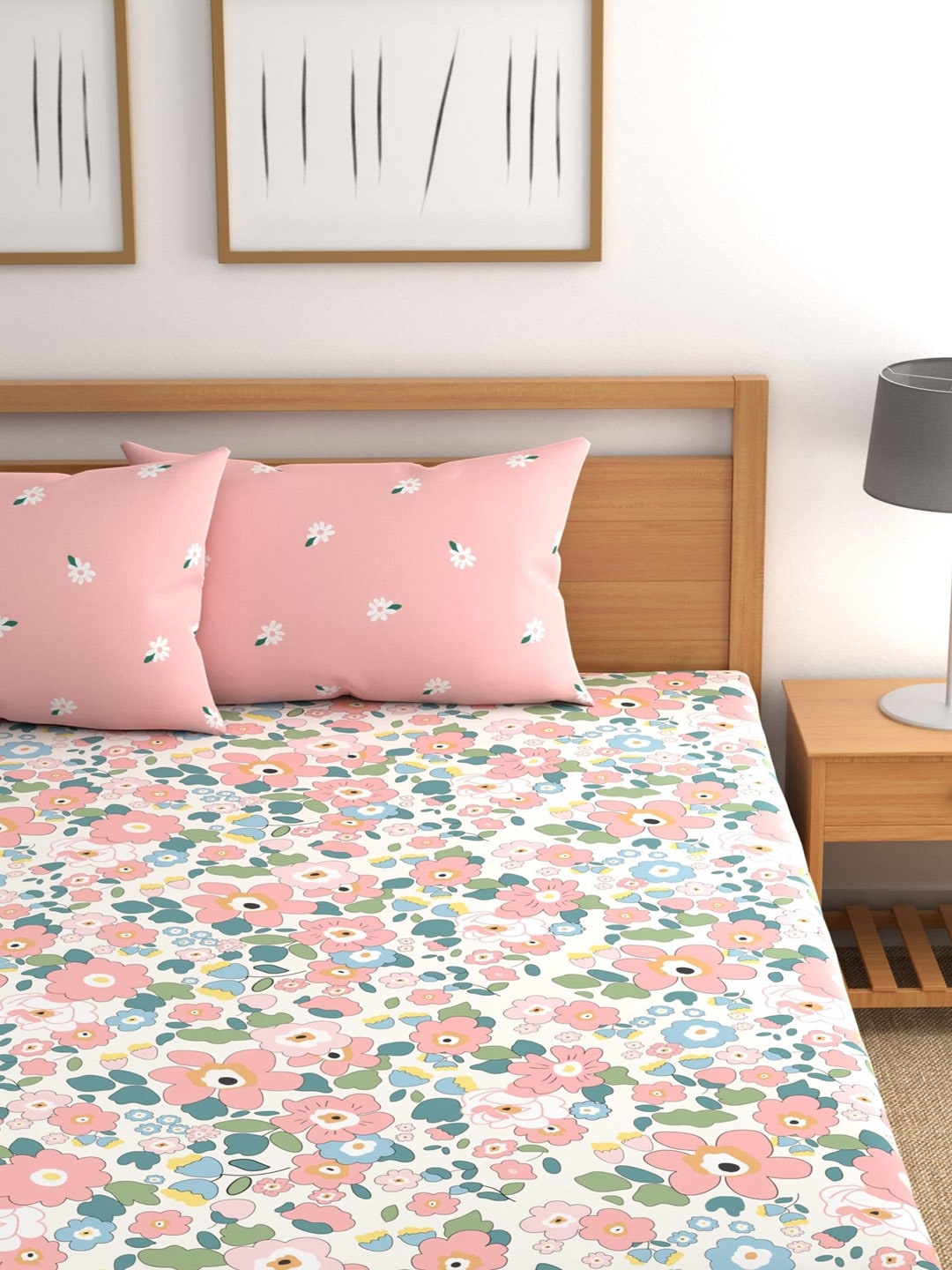 CHHAVI INDIA Pink & Blue Floral 210 TC Bedsheet with Pillow Covers | Grocsy