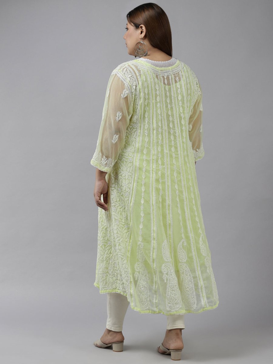 ADA Women Lime Green & White Ethnic Motifs Plus Size Chikankari Georgette Anarkali Kurta | Grocsy