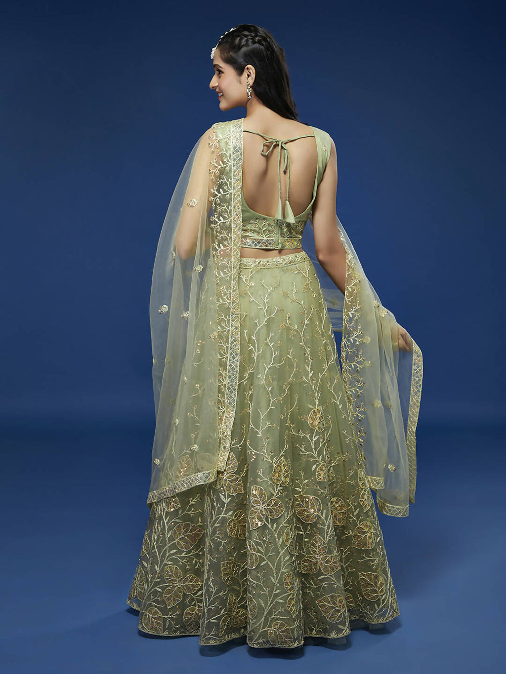 House of Panchhi Pista Net Sequinse Work Lehenga & Blouse, Dupatta | Grocsy