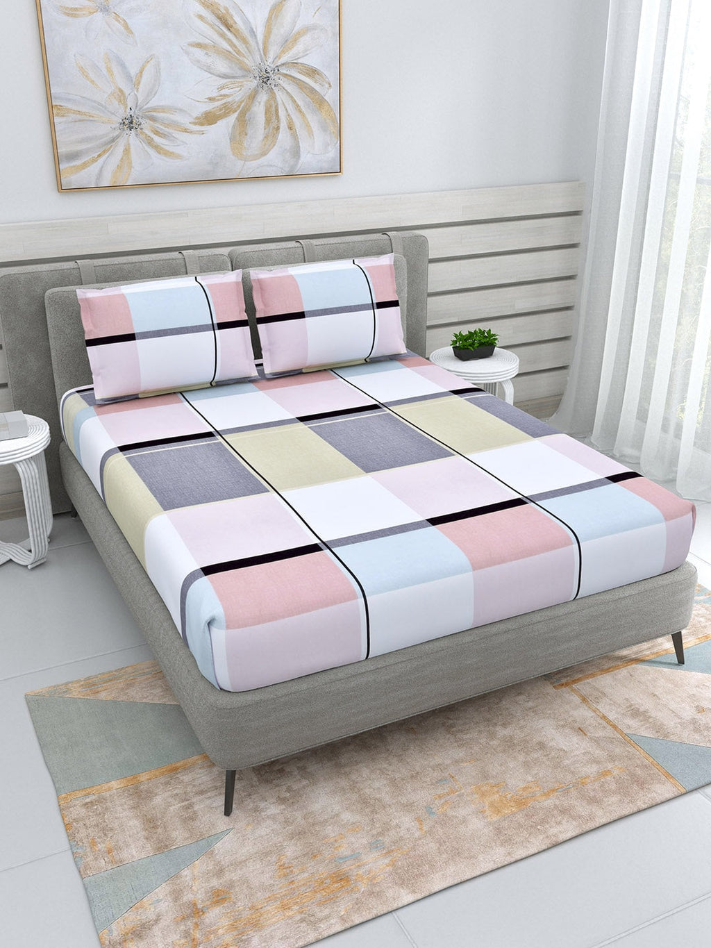 DREAM WEAVERZ Pink & Grey Geometric Glazed Cotton 220 TC King Bedsheet with 2 Pillow Covers | Grocsy