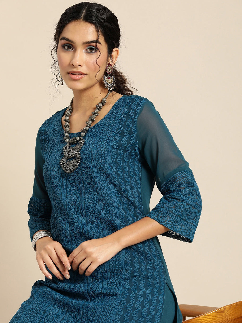 Sangria Women Teal Blue Ethnic Motifs Chikankari Kurta with Palazzos | Grocsy