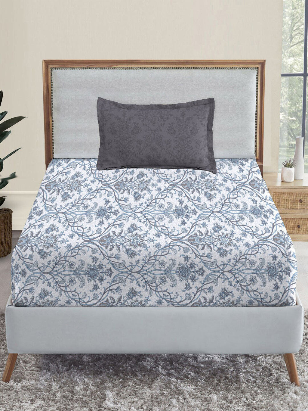 MYTRIDENT Dusk and Dawn White Ethnic Motifs Pure Cotton 144TC Single Bedsheet Pillow Cover | Grocsy