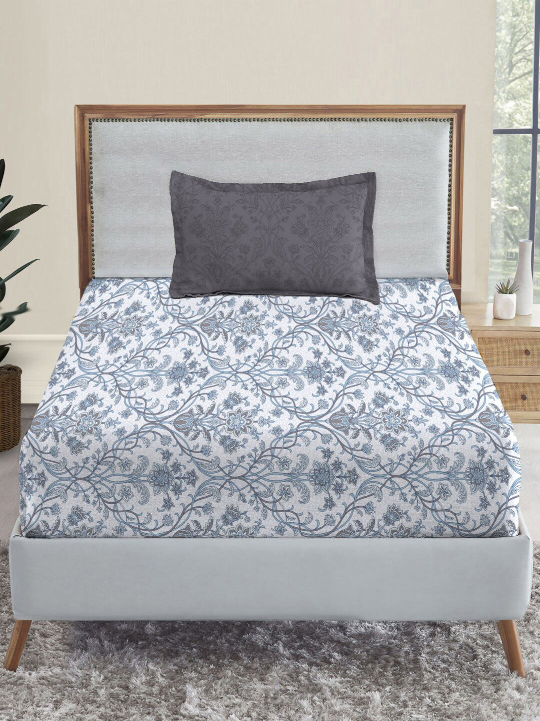 MYTRIDENT Dusk and Dawn White Ethnic Motifs Pure Cotton 144TC Single Bedsheet Pillow Cover | Grocsy