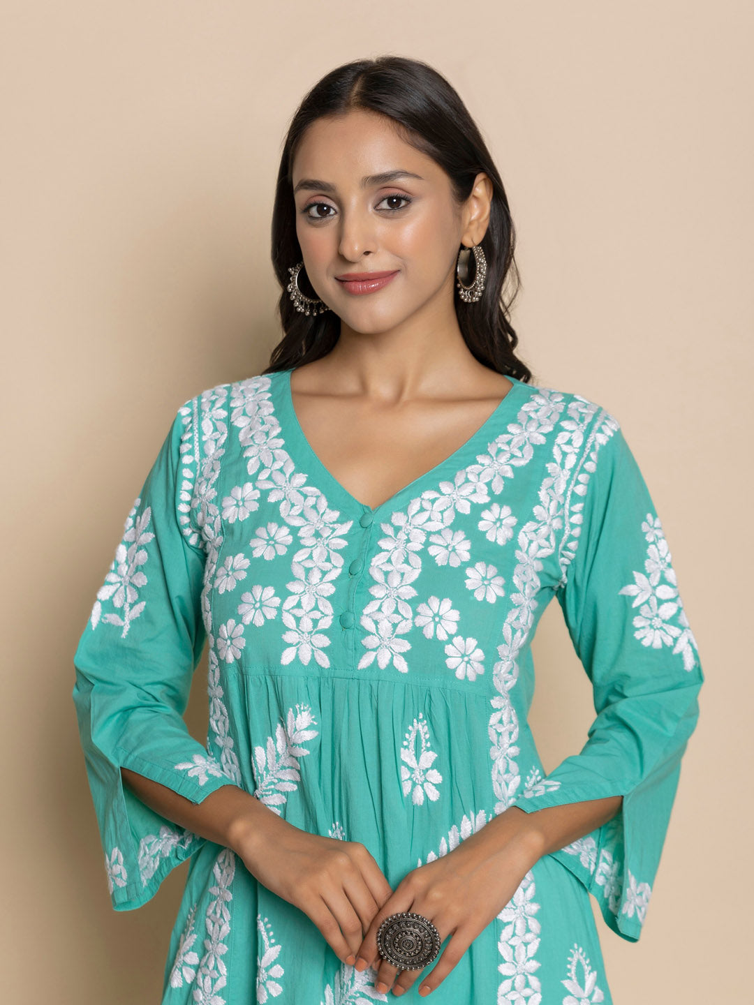 HOUSE OF KARI Floral Embroidered Chikankari Cotton A-Line Kurta | Grocsy