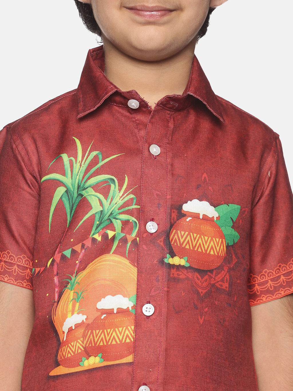 Sethukrishna Boys Printed Traditional Shirt With Adjustable Velcro Dhoti Set | Grocsy