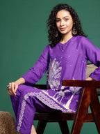 Sangria Ethnic Motifs Printed Gotta Patti Ethnic Kurti With Trousers | Grocsy