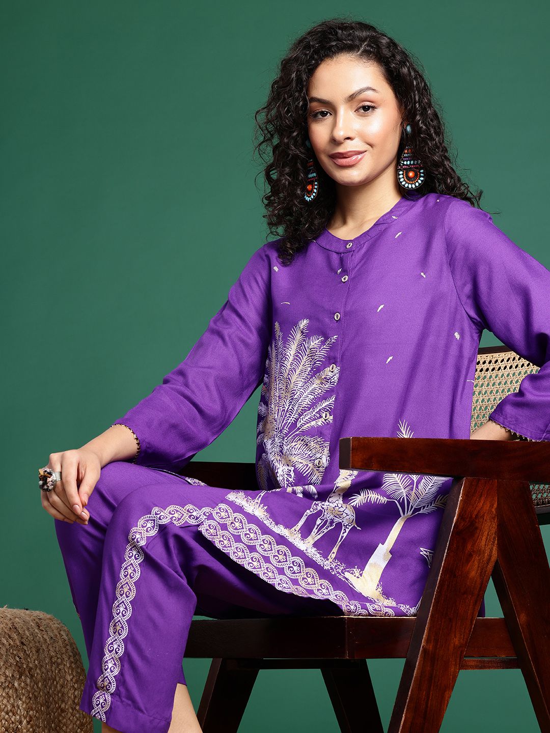 Sangria Ethnic Motifs Printed Gotta Patti Ethnic Kurti With Trousers | Grocsy