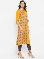 Janasya Women Mustard Yellow & Blue Printed A-Line Kurta | Grocsy