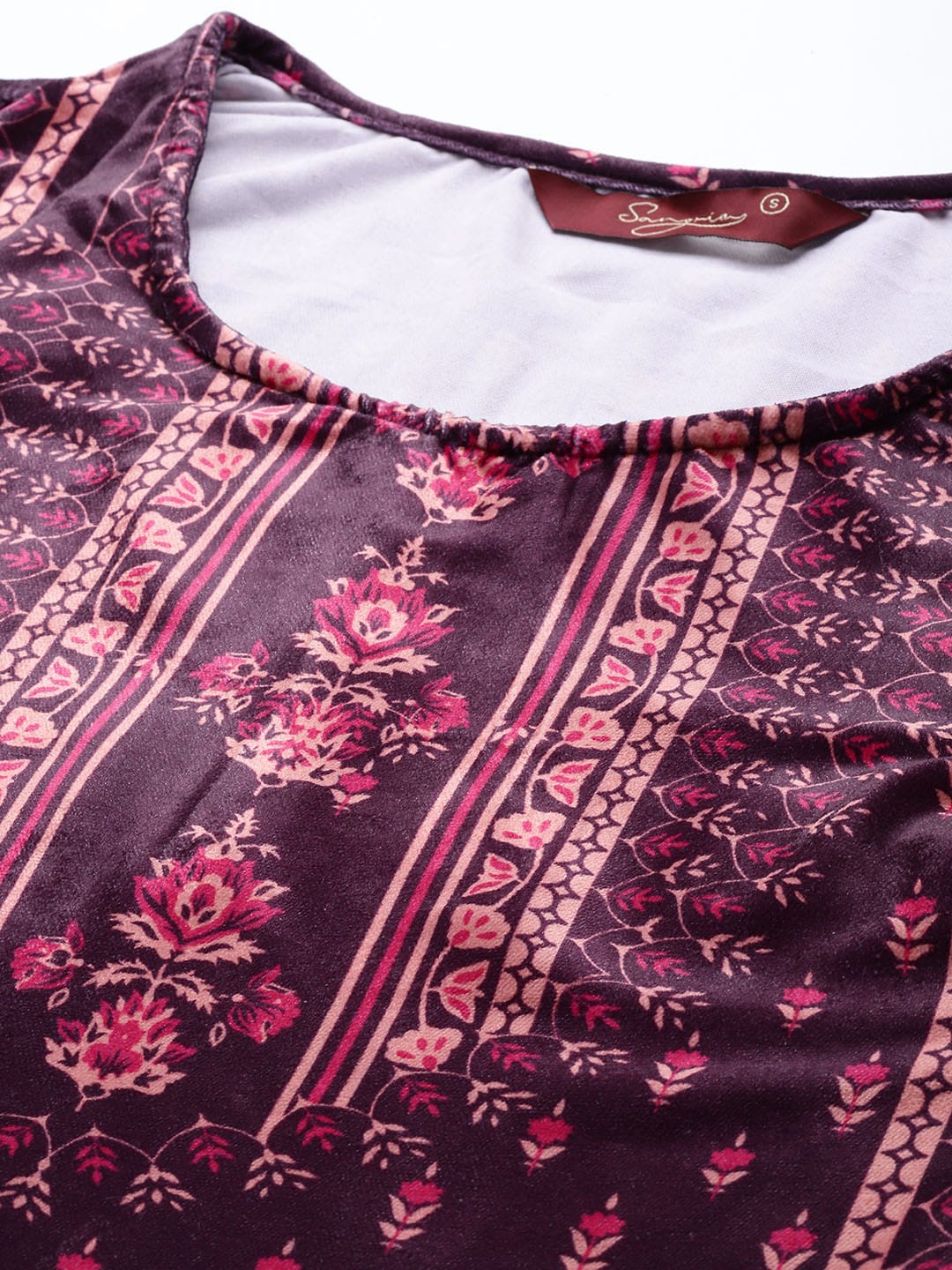 Sangria Women Burgundy & Pink Ethnic Motifs Printed Kurta with Trousers | Grocsy