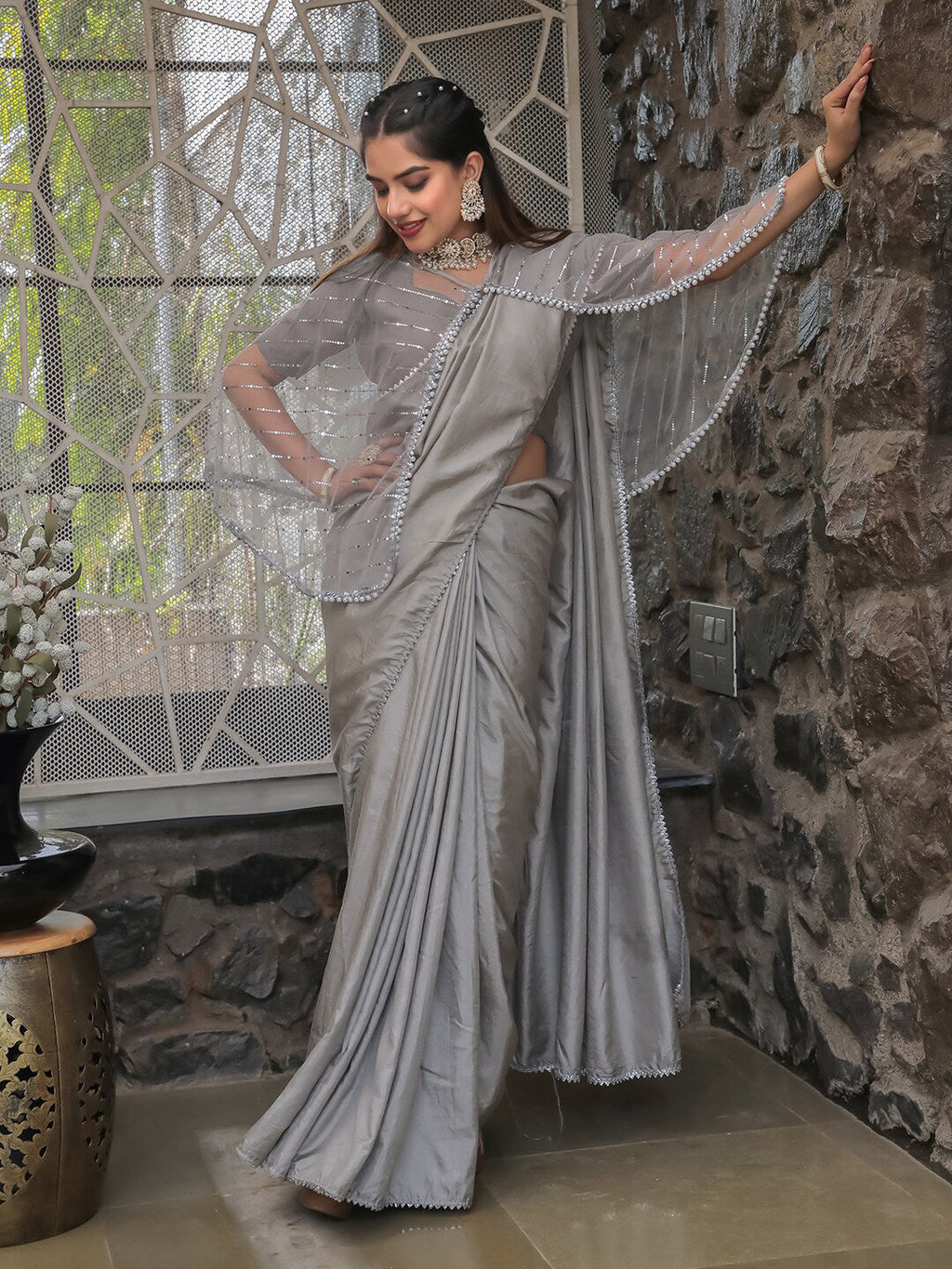 Tikhi Imli Embellished Border Sequinned Saree With Cape | Grocsy