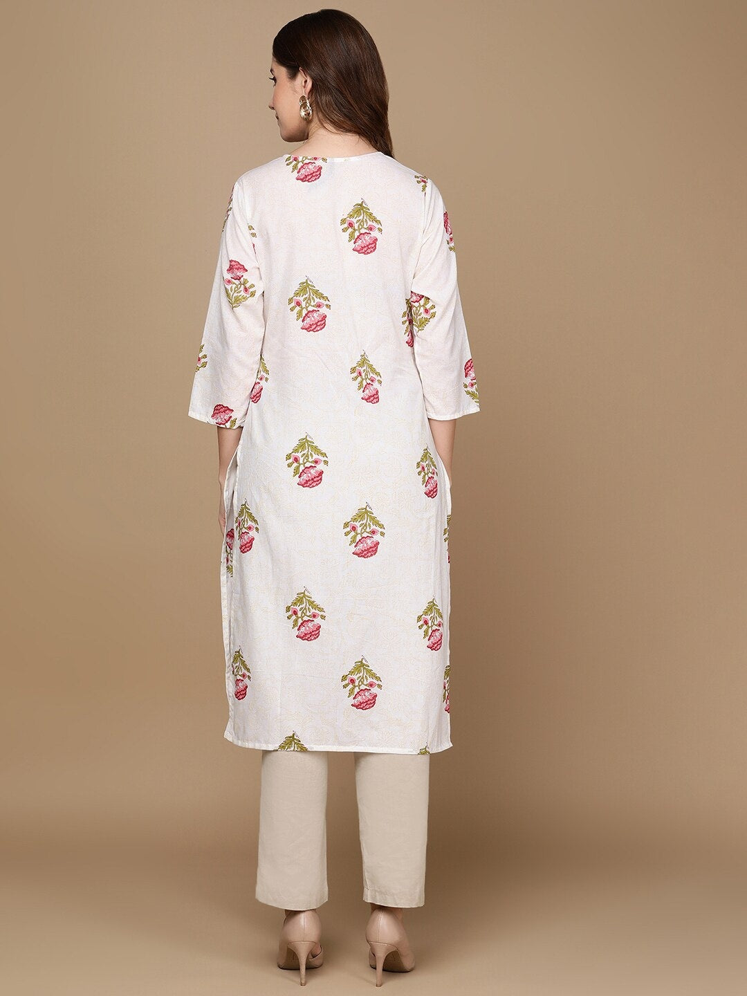 HERE&NOW White & Pink Floral Printed Pure Cotton Kurta | Grocsy