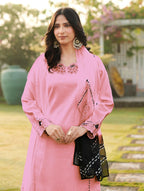 Nikhaar Light Pink Embroidered Art Silk Stitched Straight Cut Kurta Palazzo Dupatta Readymade Suit | Grocsy