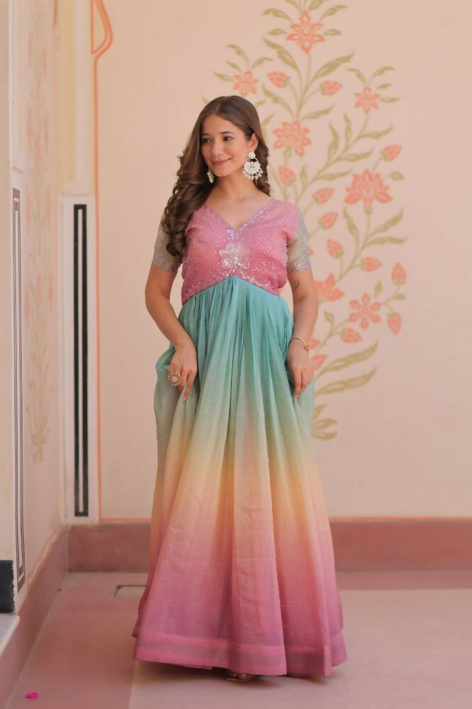 Vastranavya Lavender Gold Crush Padding With Beads Embroidered Work Gown | Grocsy