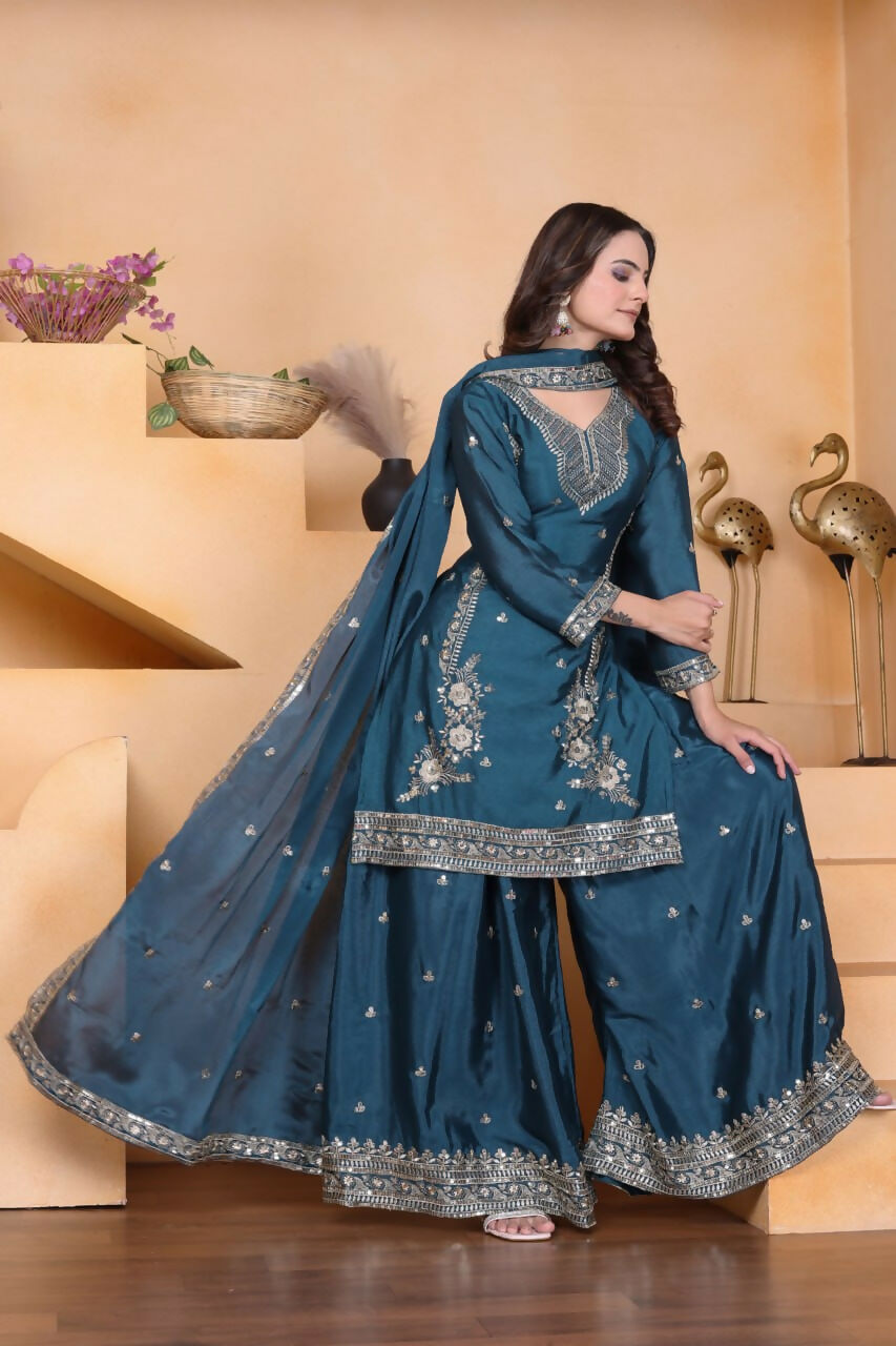 Teeya Creation Teal Color Chinon Silk Wedding Wear Trending Palazzo Set | Grocsy