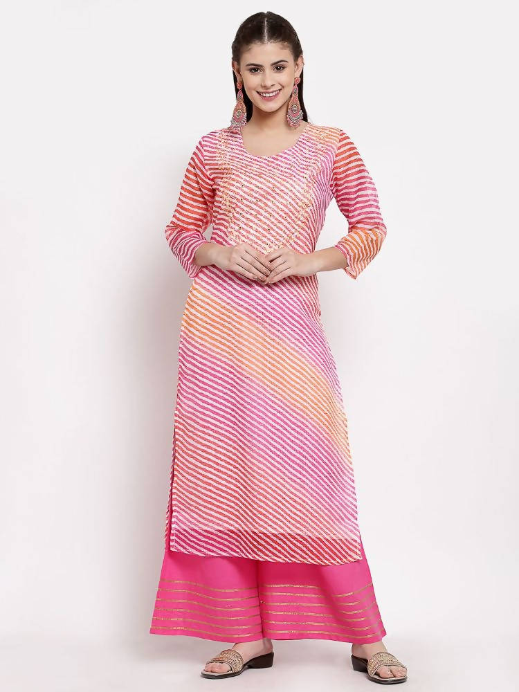 Myshka Women's Trendy Multi Cotton Printed 3/4 Sleeve Round Neck Casual Kurta | Grocsy