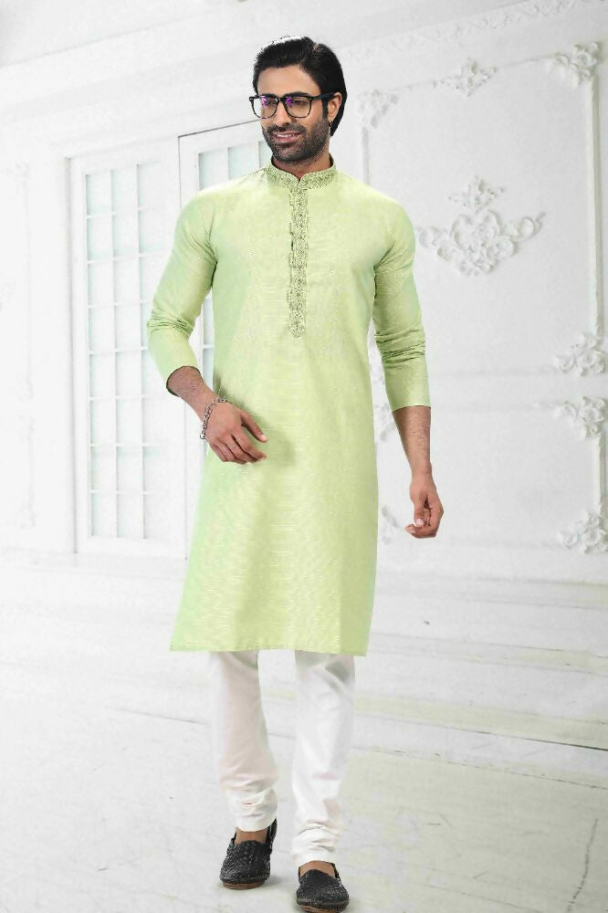 Raivat Ethnic Linen Cotton Thread Work Kurta Pajama In Pista Green Colour | Grocsy