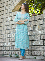 Kaajh Women's Sky Blue Floral Printed Cotton Kurta Pant Set | Grocsy