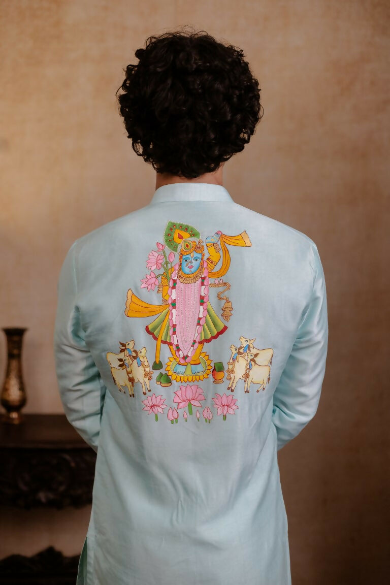 Falling Raw Silk Sea Green Vrindavan Lotus Kurta By Hilo Design | Grocsy