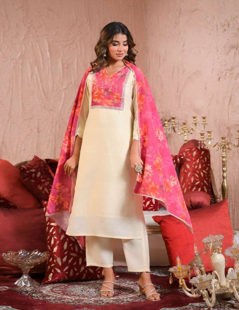 Ethnic Festive Wear Chanderi With Lining White & Pink Stitched Suit With Dupatta - Tanisha | Grocsy