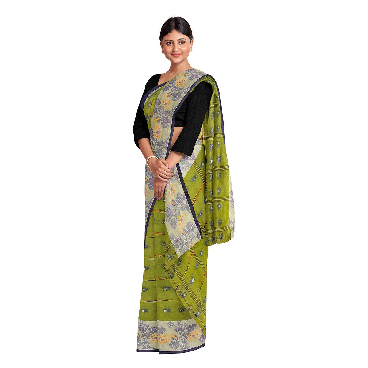 Exclusive Collection 100% Pure Cotton Olive Tant Saree With Hand Weaving Work | Grocsy